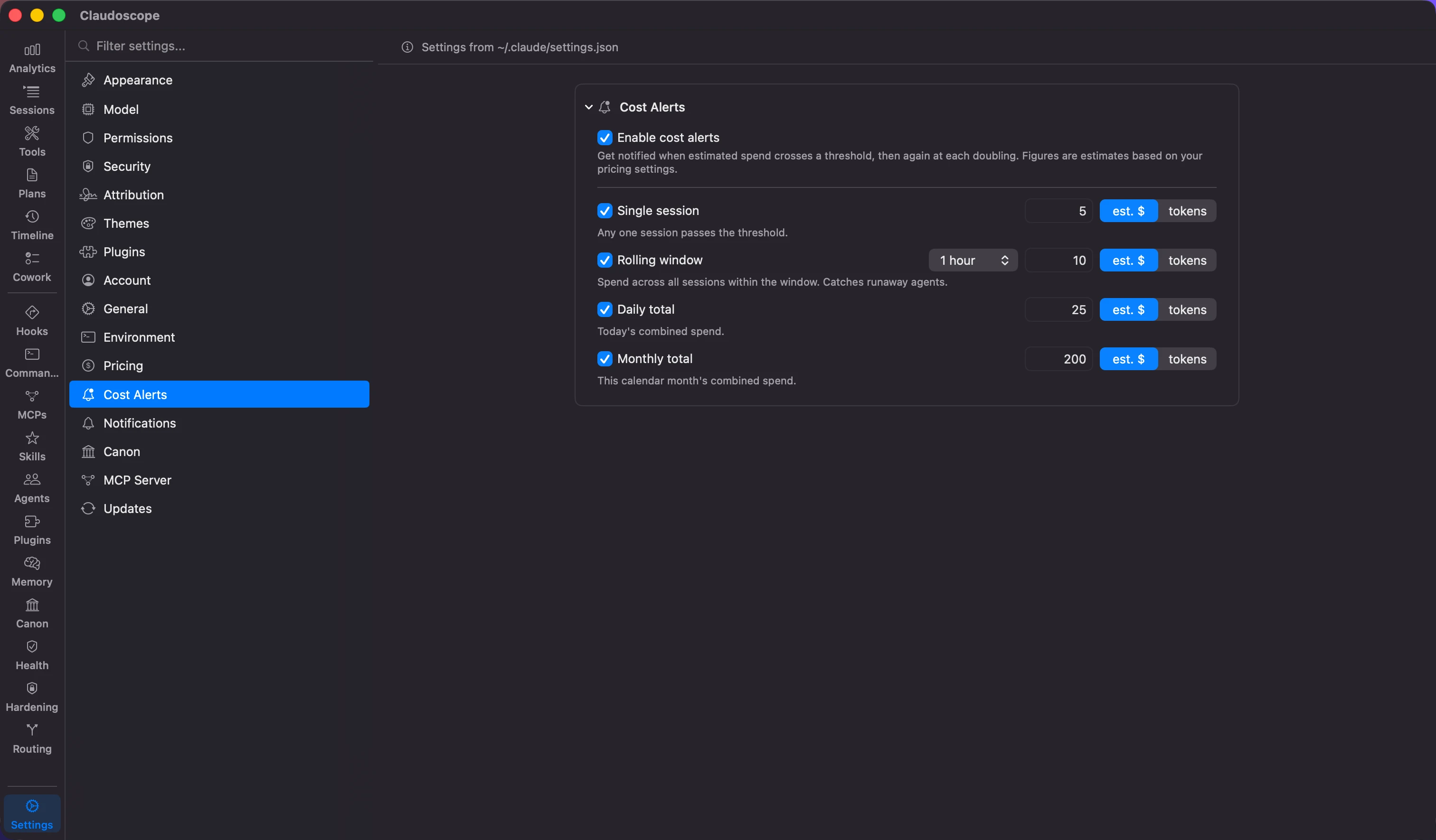 Claudoscope Cost Alerts settings showing single session, rolling window, daily total, and monthly total thresholds, each set in estimated dollars or tokens