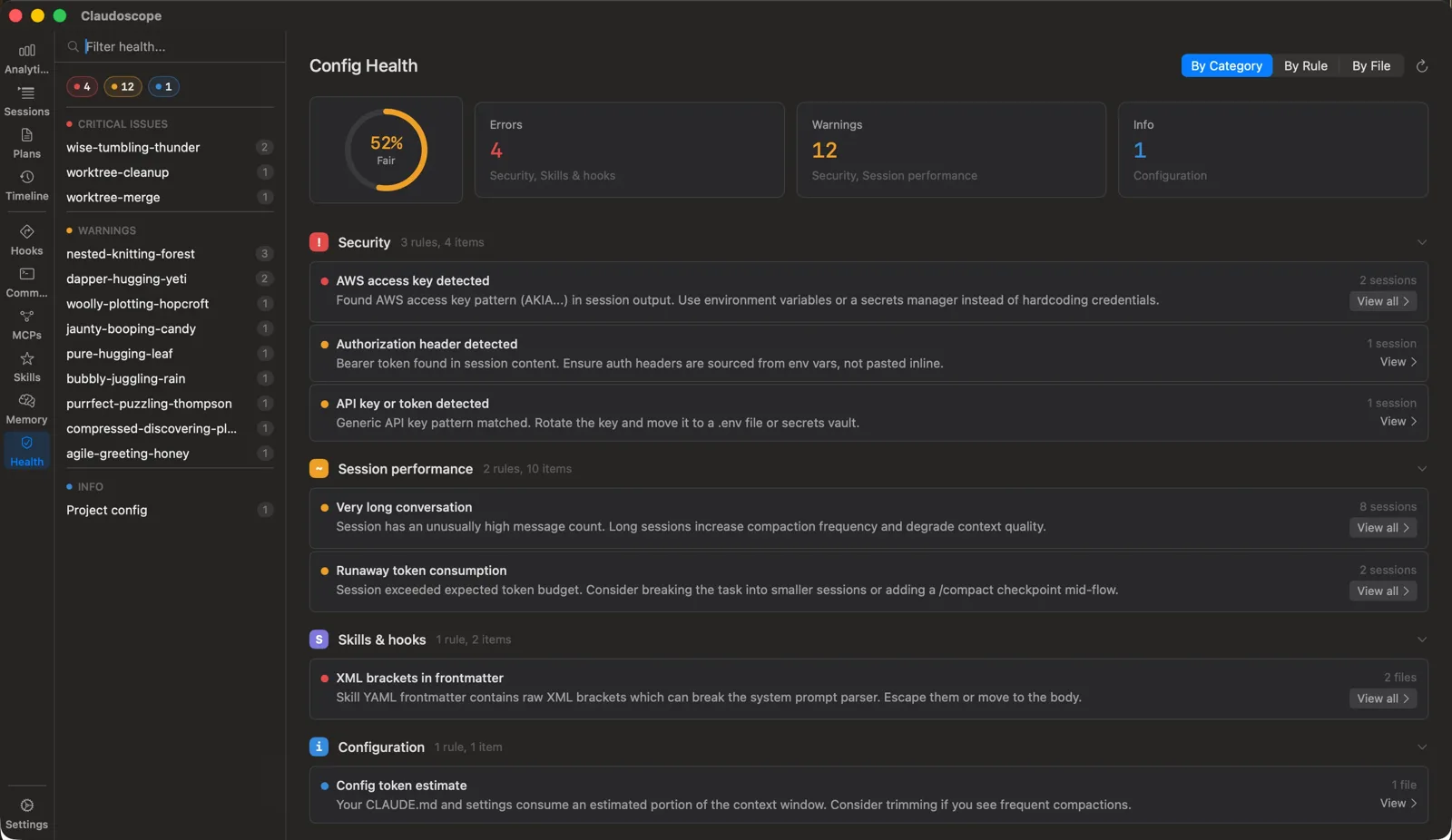 Claudoscope secret detection and config health view for Claude Code sessions