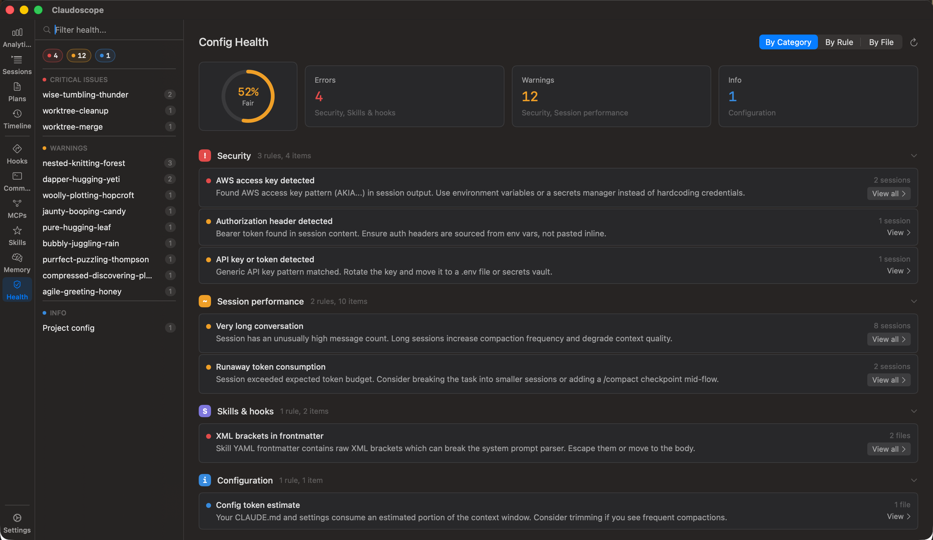 Claudoscope config health view showing health score gauge, security findings, and session performance warnings