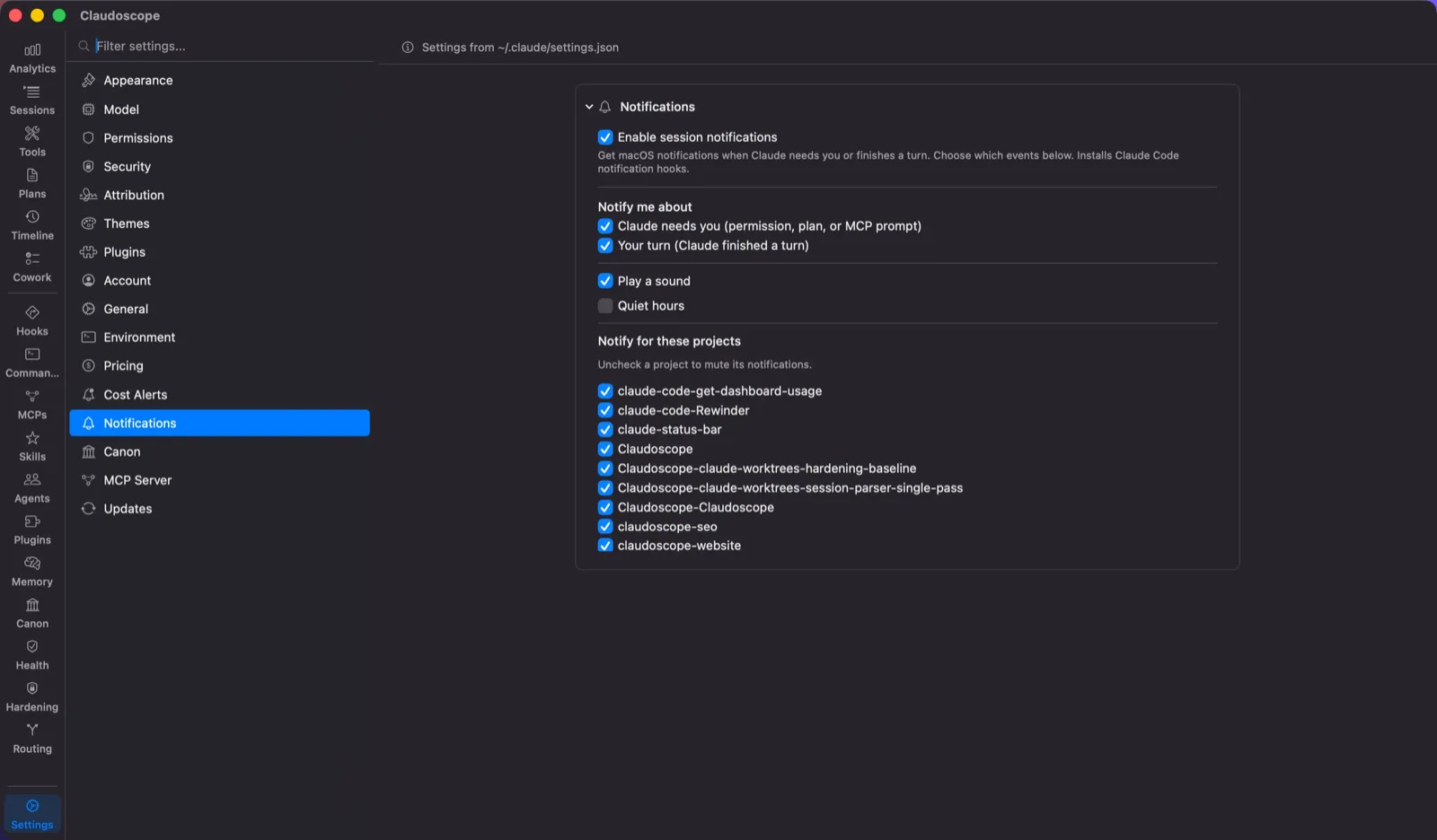Claudoscope notification settings for Claude Code, with Claude needs you and Your turn toggles, quiet hours, and per-project mute