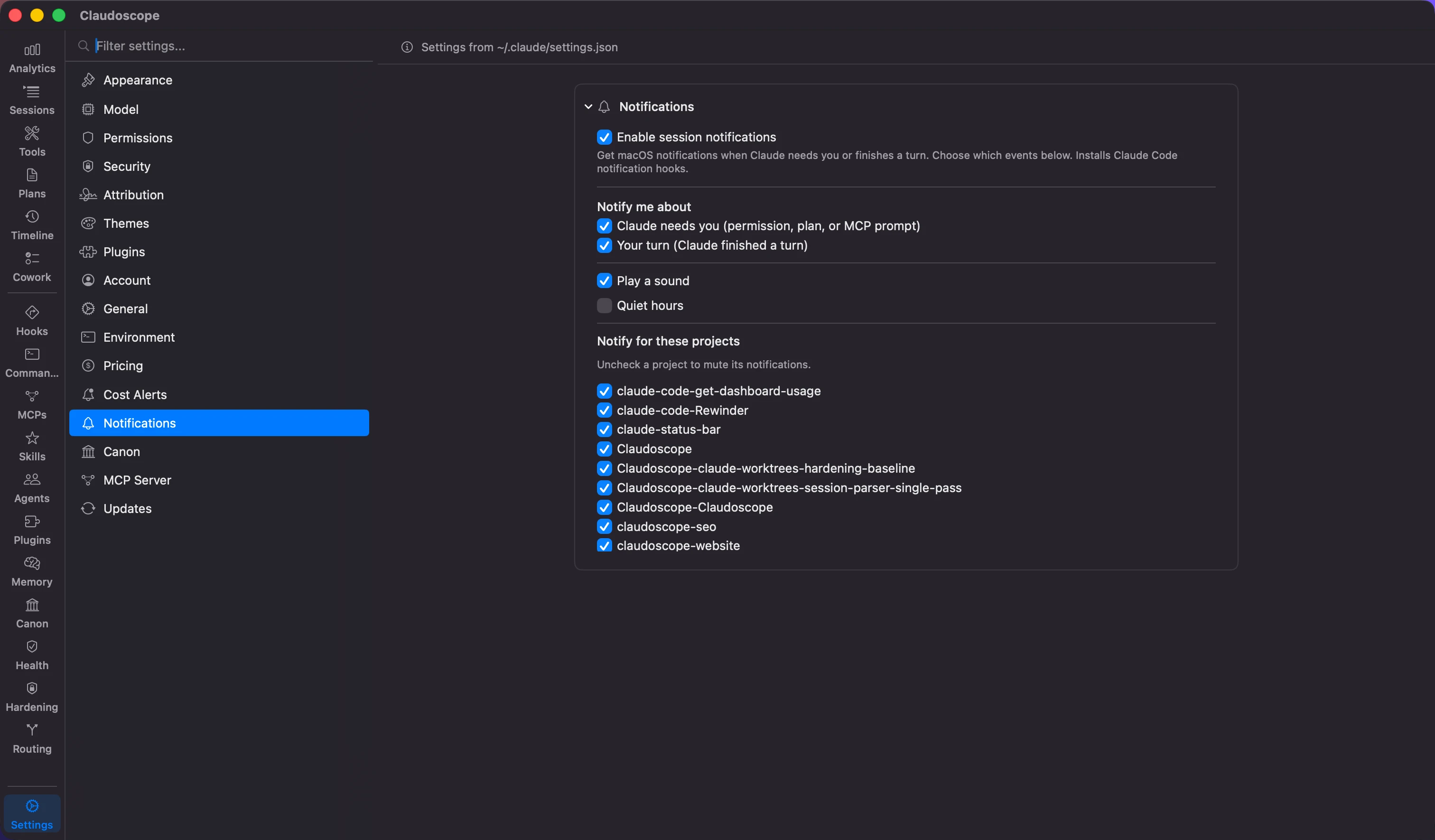 Claudoscope Notifications settings showing the Claude needs you and Your turn toggles, sound and quiet hours options, and a per-project list for muting individual Claude Code projects