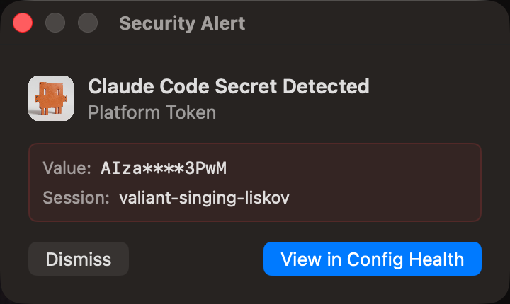 Claudoscope security alert showing a detected Claude Code secret with masked value and session name