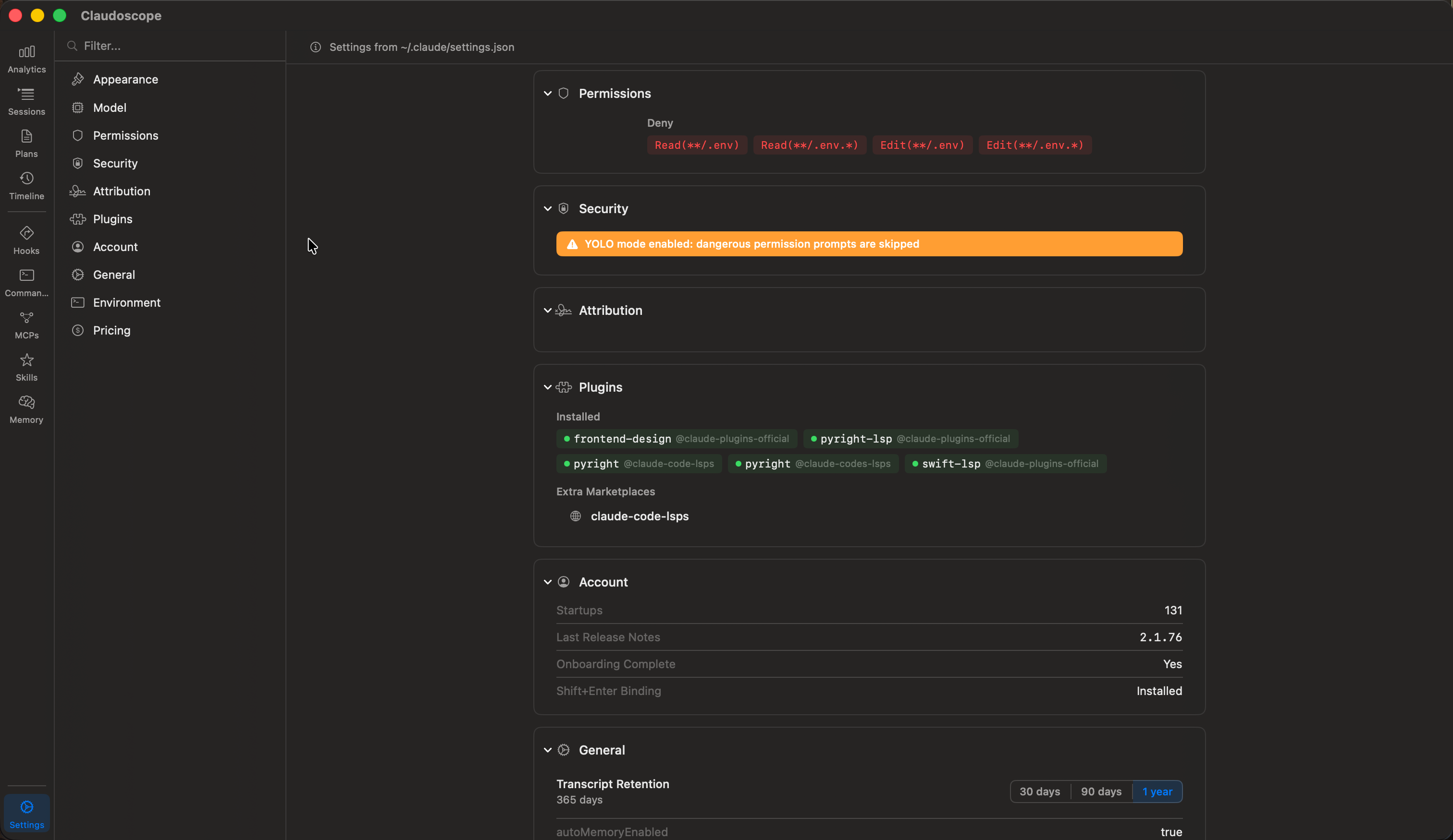 Settings view showing Claude Code configuration