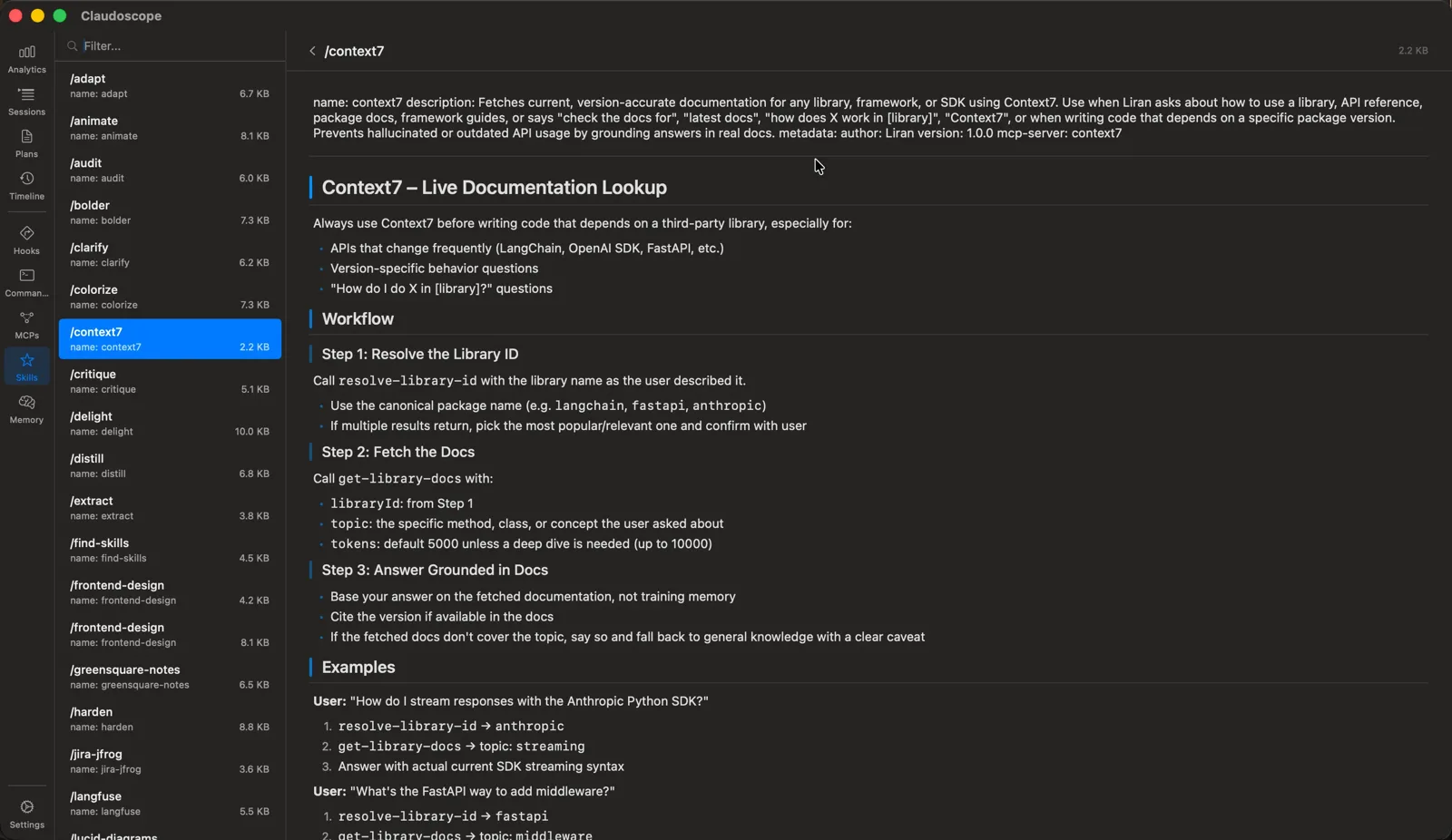 Skills browser showing installed Claude Code skills