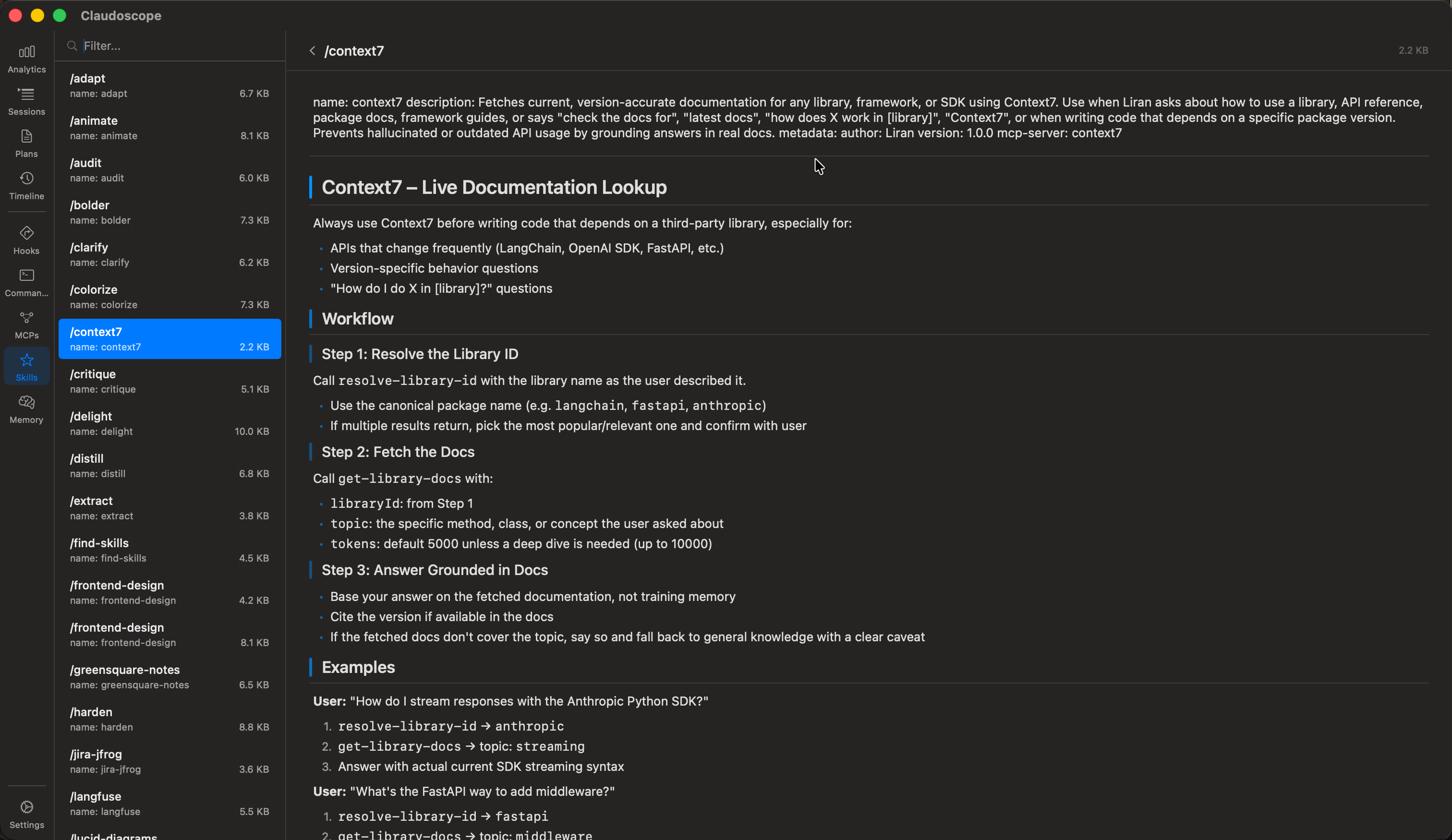 Skills browser showing installed Claude Code skills